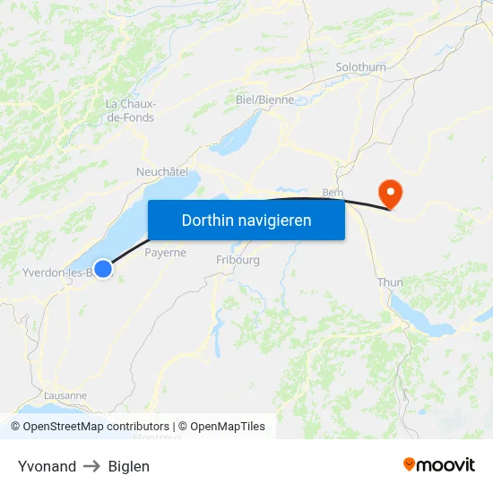 Yvonand to Biglen map