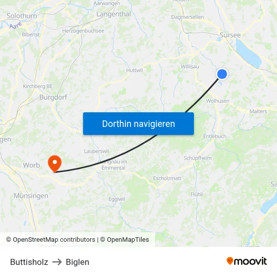 Buttisholz to Biglen map