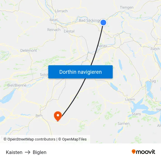 Kaisten to Biglen map