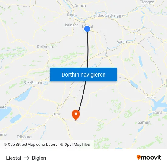 Liestal to Biglen map