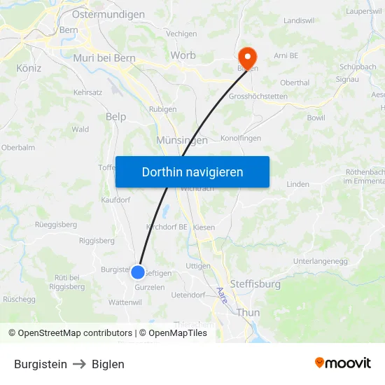 Burgistein to Biglen map