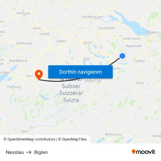 Nesslau to Biglen map
