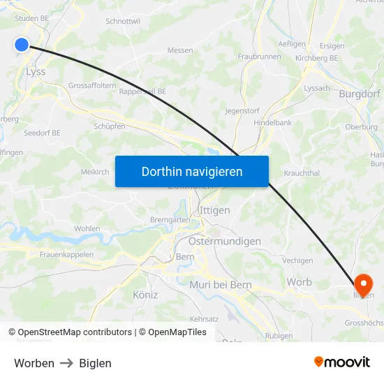 Worben to Biglen map
