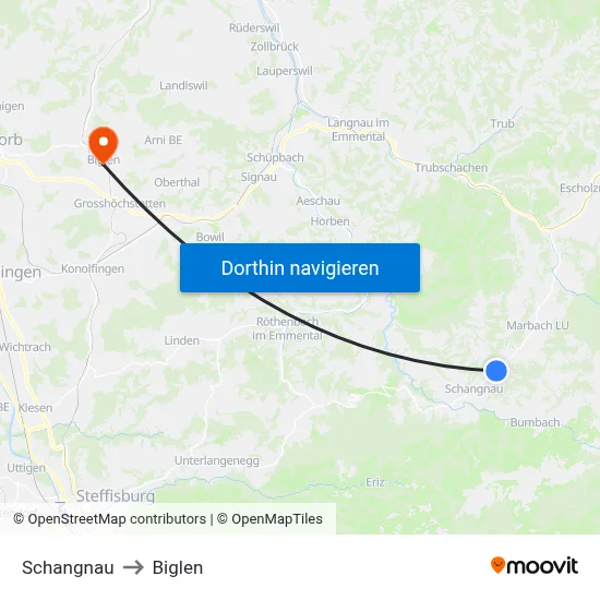 Schangnau to Biglen map