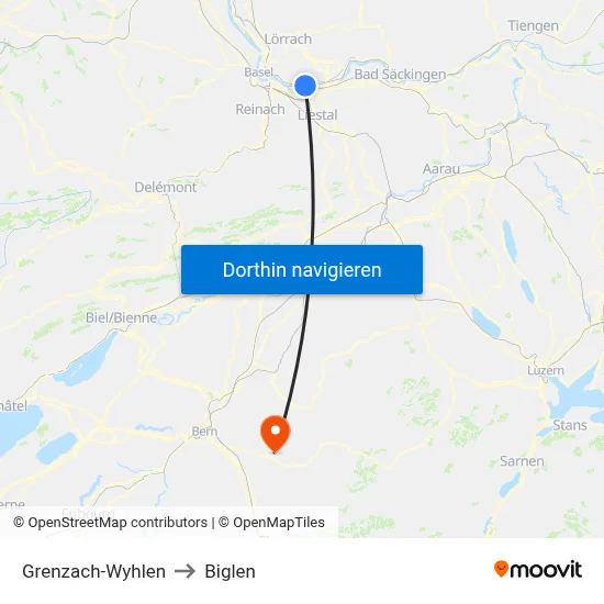 Grenzach-Wyhlen to Biglen map