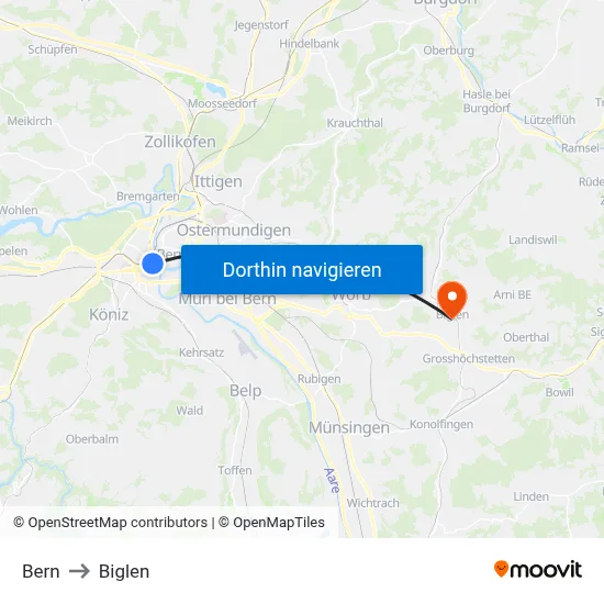 Bern to Biglen map