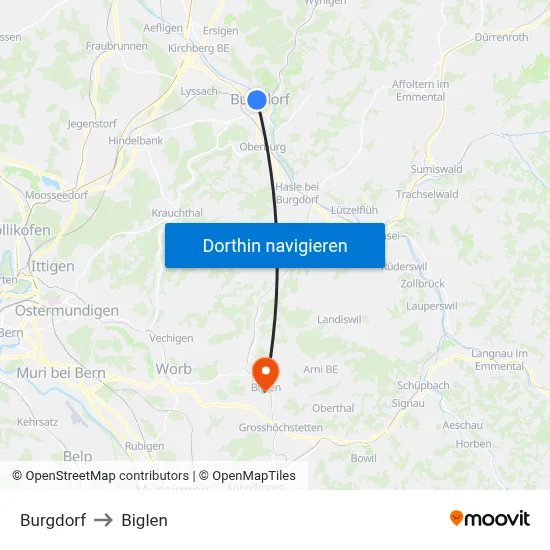 Burgdorf to Biglen map