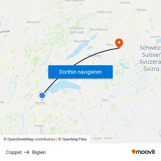 Coppet to Biglen map