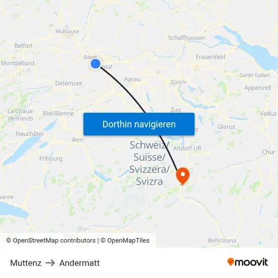 Muttenz to Andermatt map