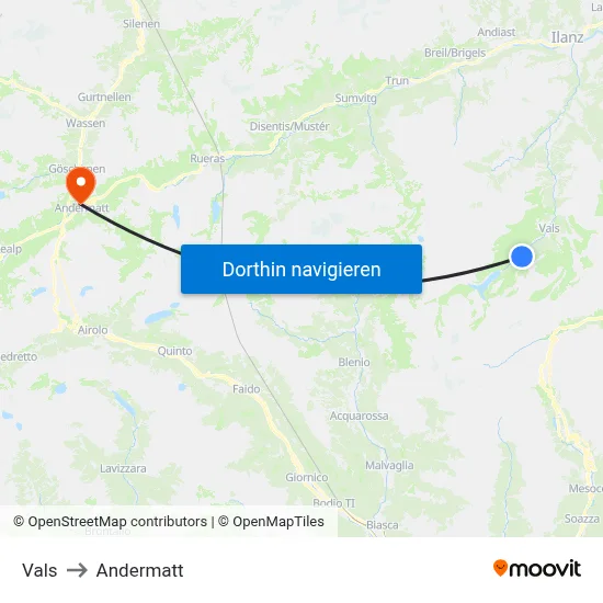 Vals to Andermatt map