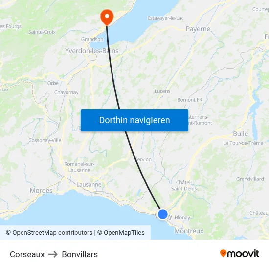 Corseaux to Bonvillars map