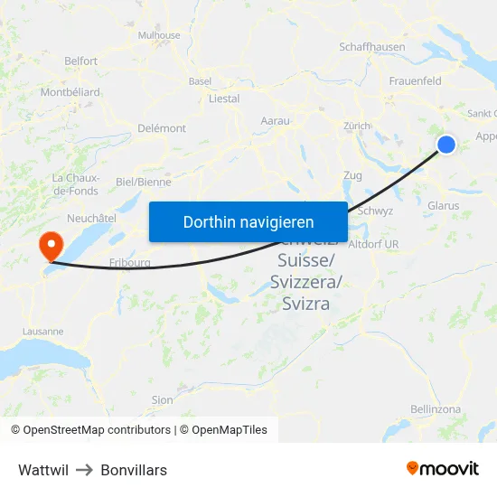 Wattwil to Bonvillars map