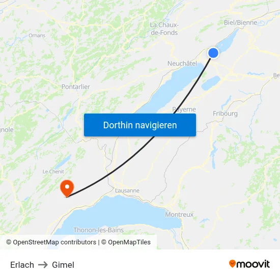 Erlach to Gimel map