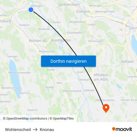 Wohlenschwil to Knonau map