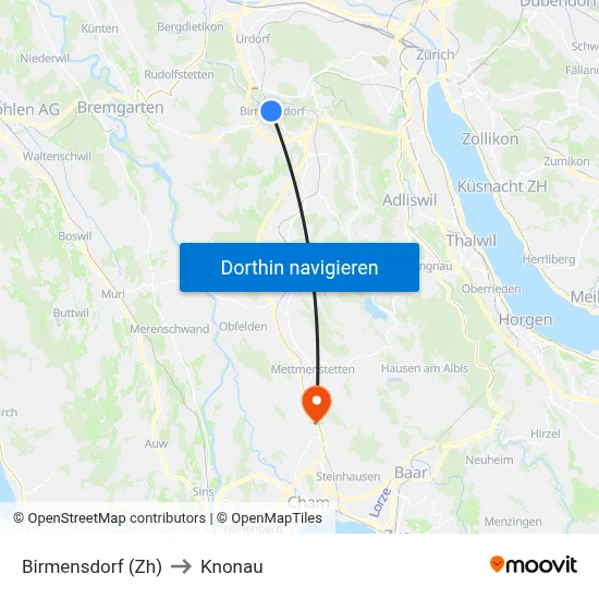 Birmensdorf (Zh) to Knonau map