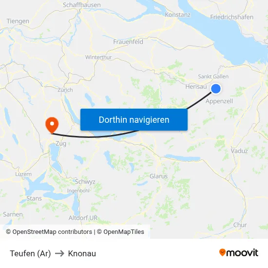 Teufen (Ar) to Knonau map