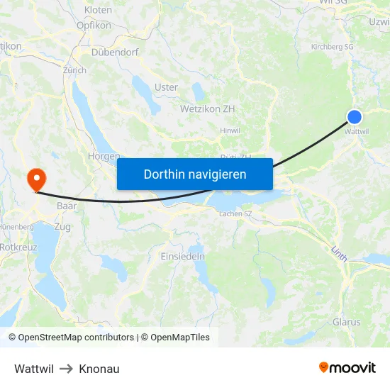Wattwil to Knonau map