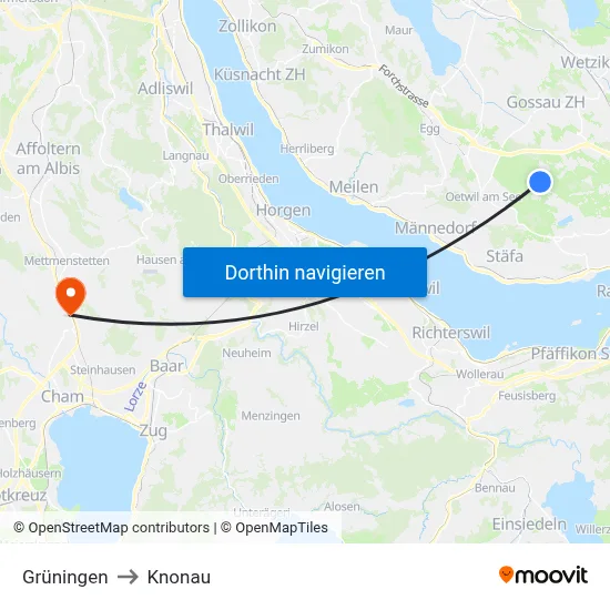 Grüningen to Knonau map