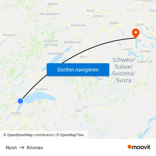 Nyon to Knonau map