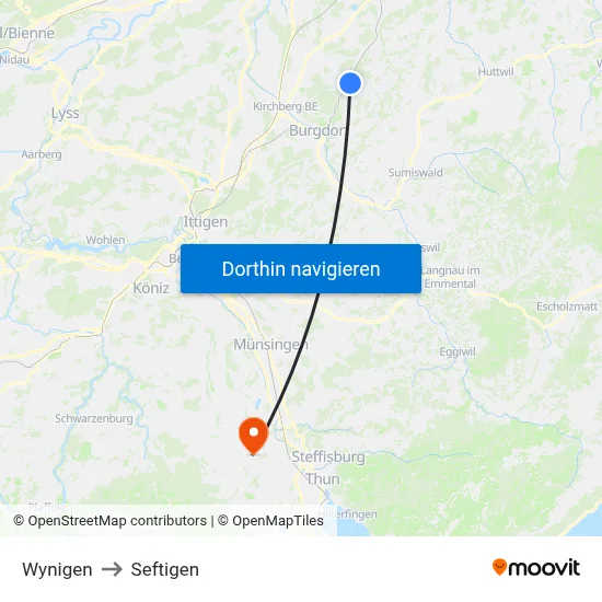 Wynigen to Seftigen map