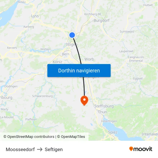 Moosseedorf to Seftigen map