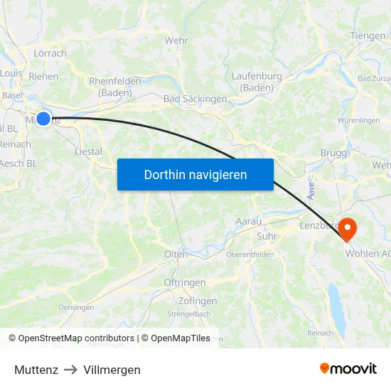 Muttenz to Villmergen map