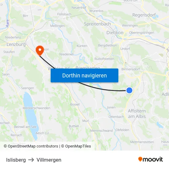 Islisberg to Villmergen map
