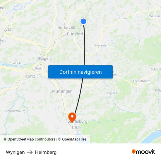 Wynigen to Heimberg map