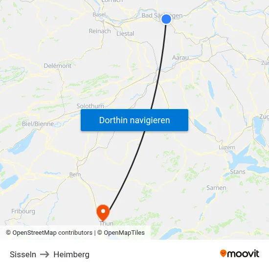 Sisseln to Heimberg map