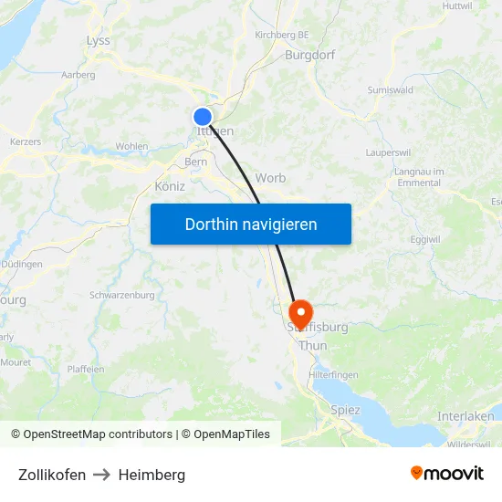Zollikofen to Heimberg map