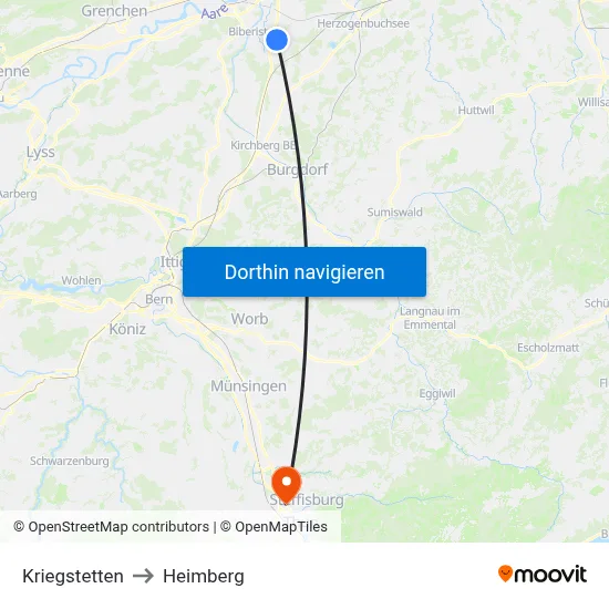 Kriegstetten to Heimberg map