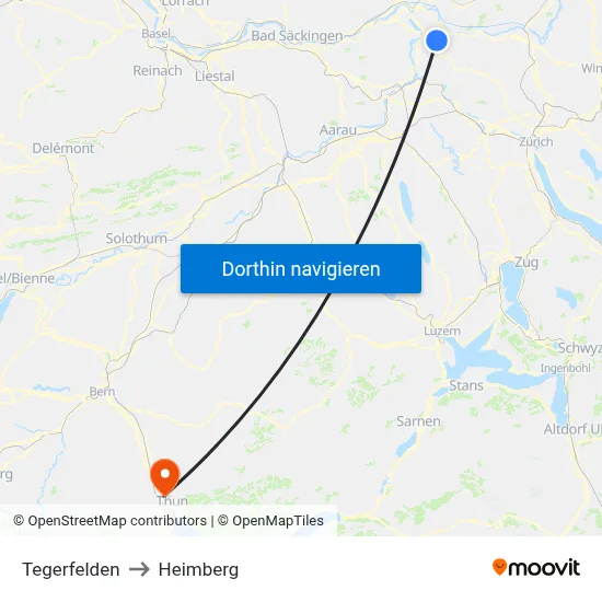 Tegerfelden to Heimberg map