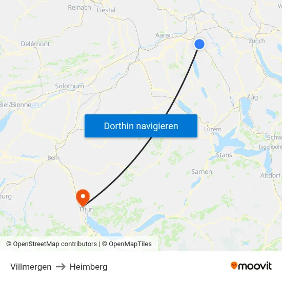 Villmergen to Heimberg map