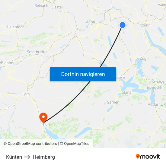 Künten to Heimberg map