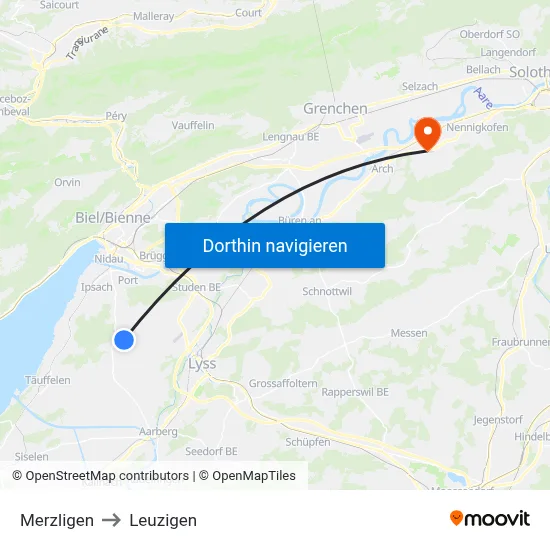Merzligen to Leuzigen map