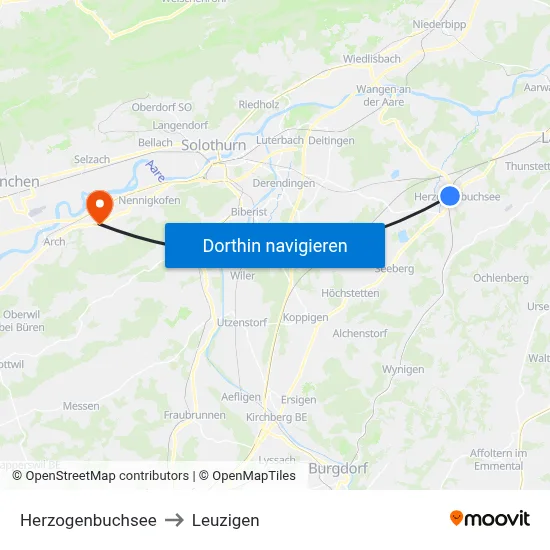 Herzogenbuchsee to Leuzigen map