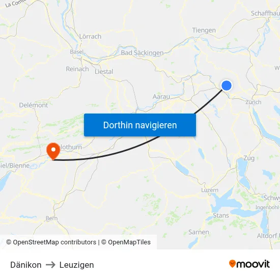 Dänikon to Leuzigen map
