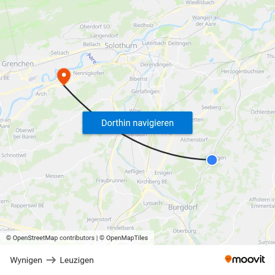 Wynigen to Leuzigen map