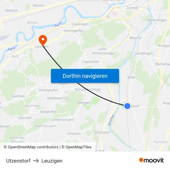 Utzenstorf to Leuzigen map