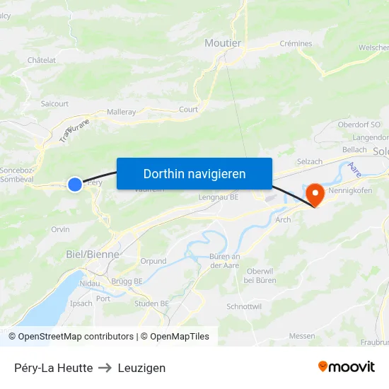Péry-La Heutte to Leuzigen map