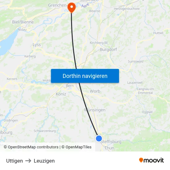 Uttigen to Leuzigen map