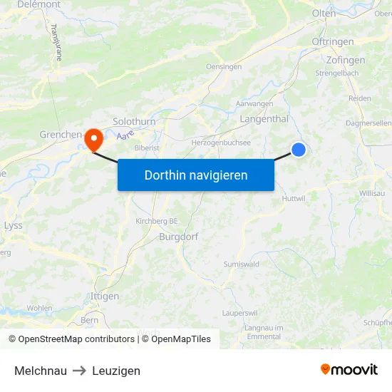 Melchnau to Leuzigen map
