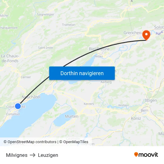 Milvignes to Leuzigen map