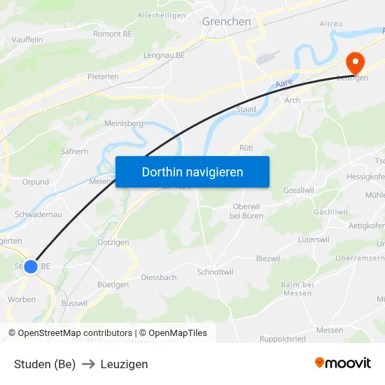 Studen (Be) to Leuzigen map