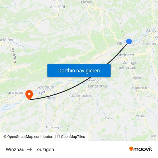 Winznau to Leuzigen map