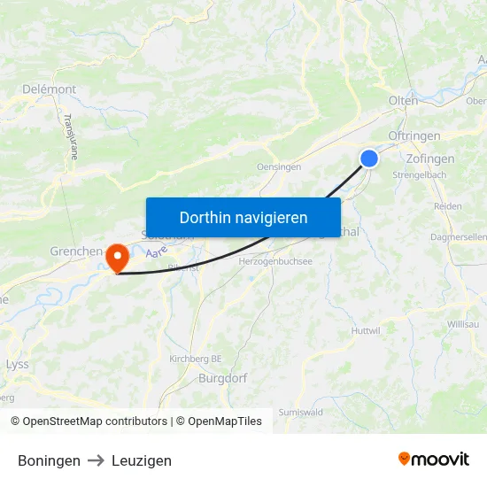 Boningen to Leuzigen map