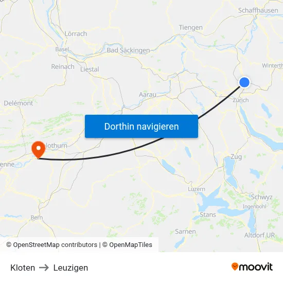 Kloten to Leuzigen map