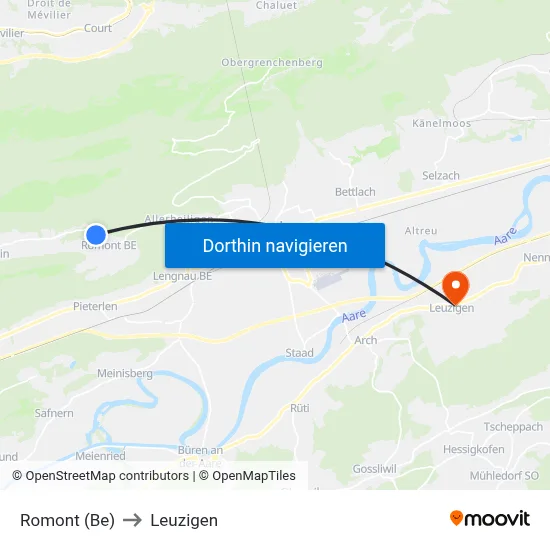 Romont (Be) to Leuzigen map