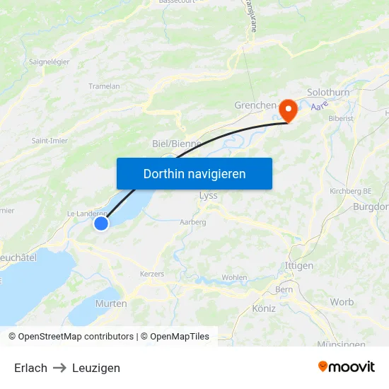 Erlach to Leuzigen map