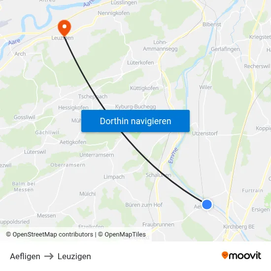 Aefligen to Leuzigen map